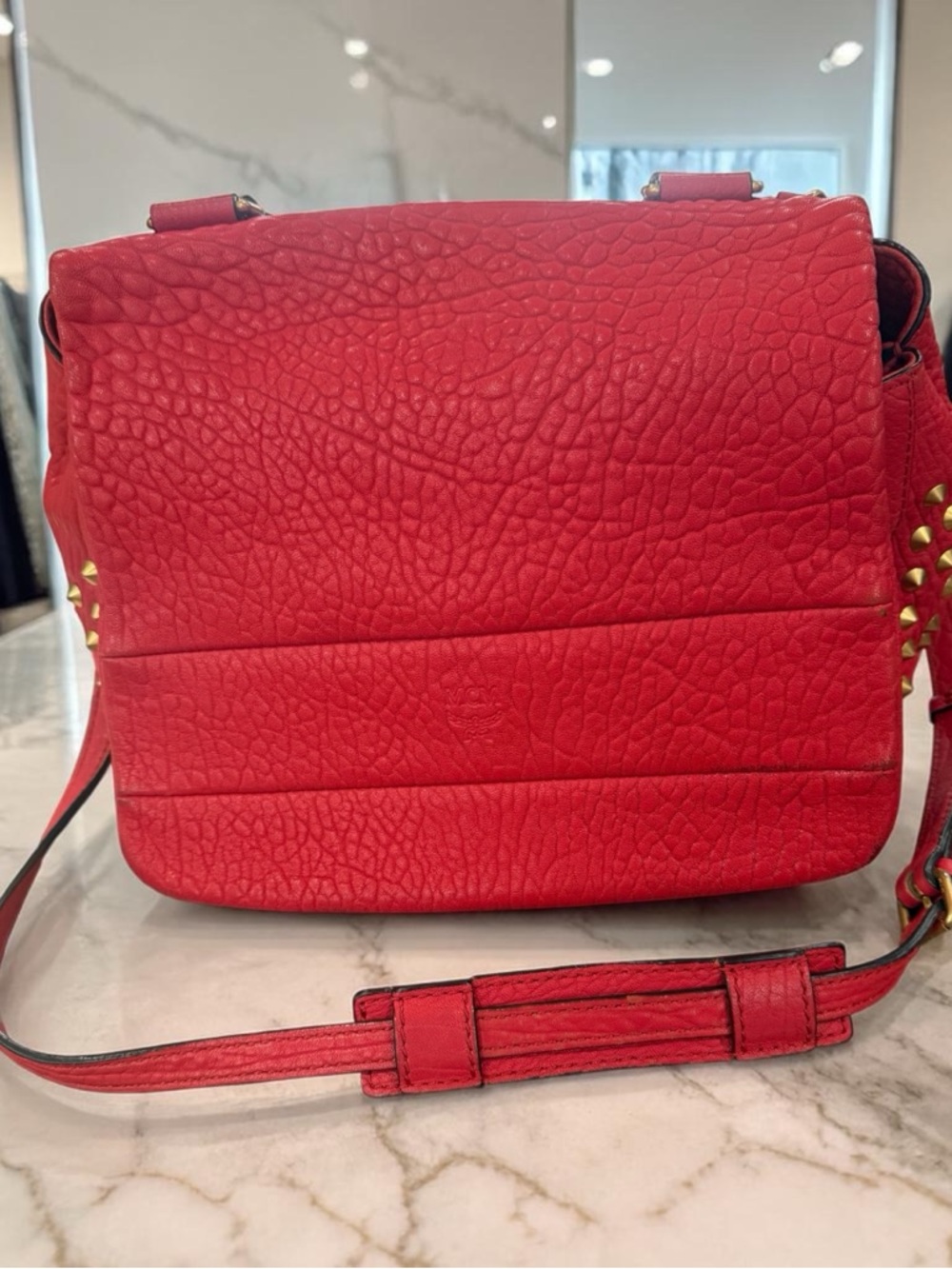 MCM Red Leather flap way Crossbody Shoulder Bag with studs